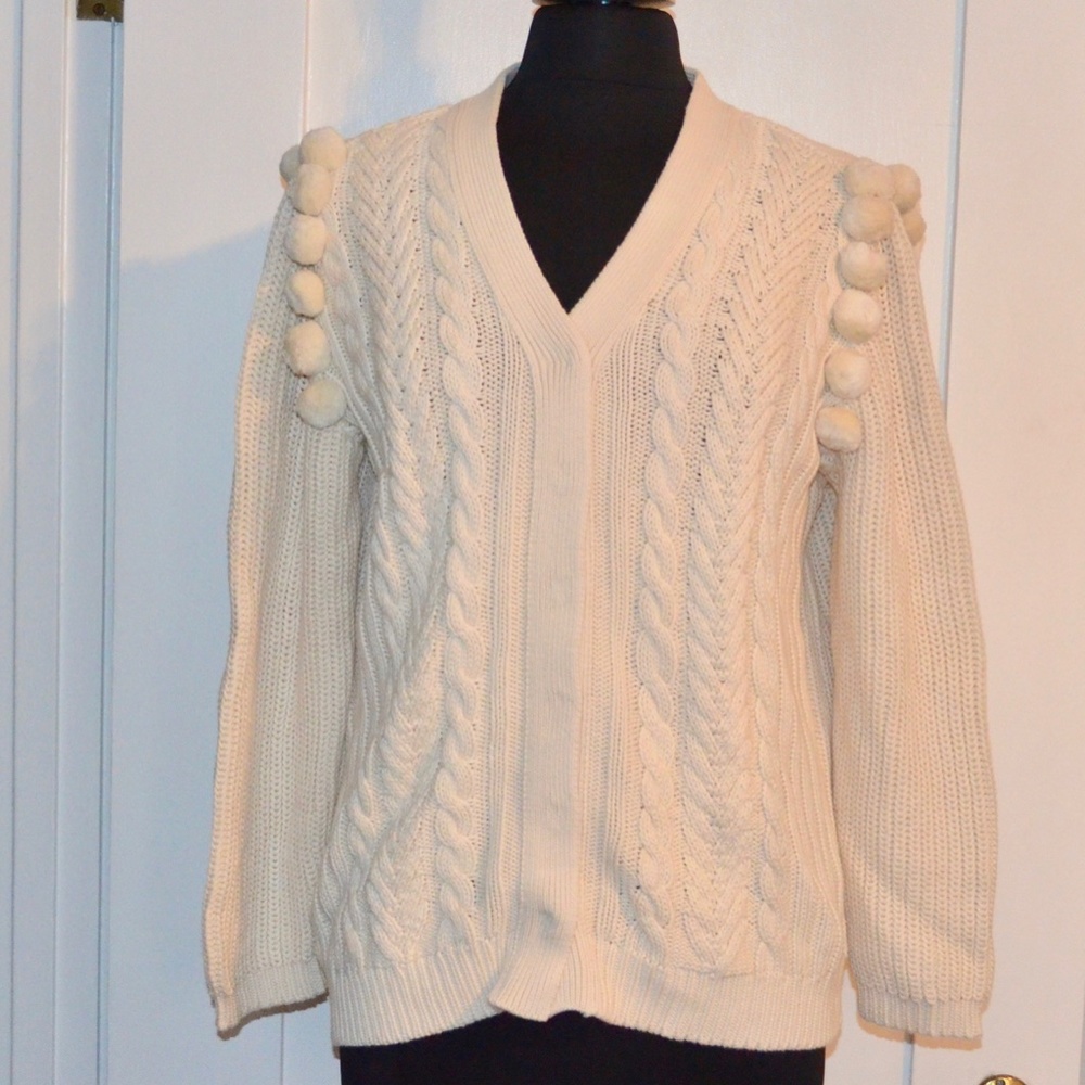 NWT CHAN LUU CABLE KNIT POM POM CARDIGAN KNIT SWEATER